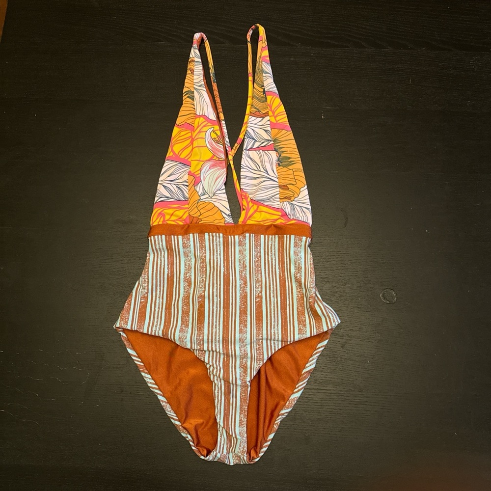 Nordstrom low cut floral/striped one piece swimsuit.